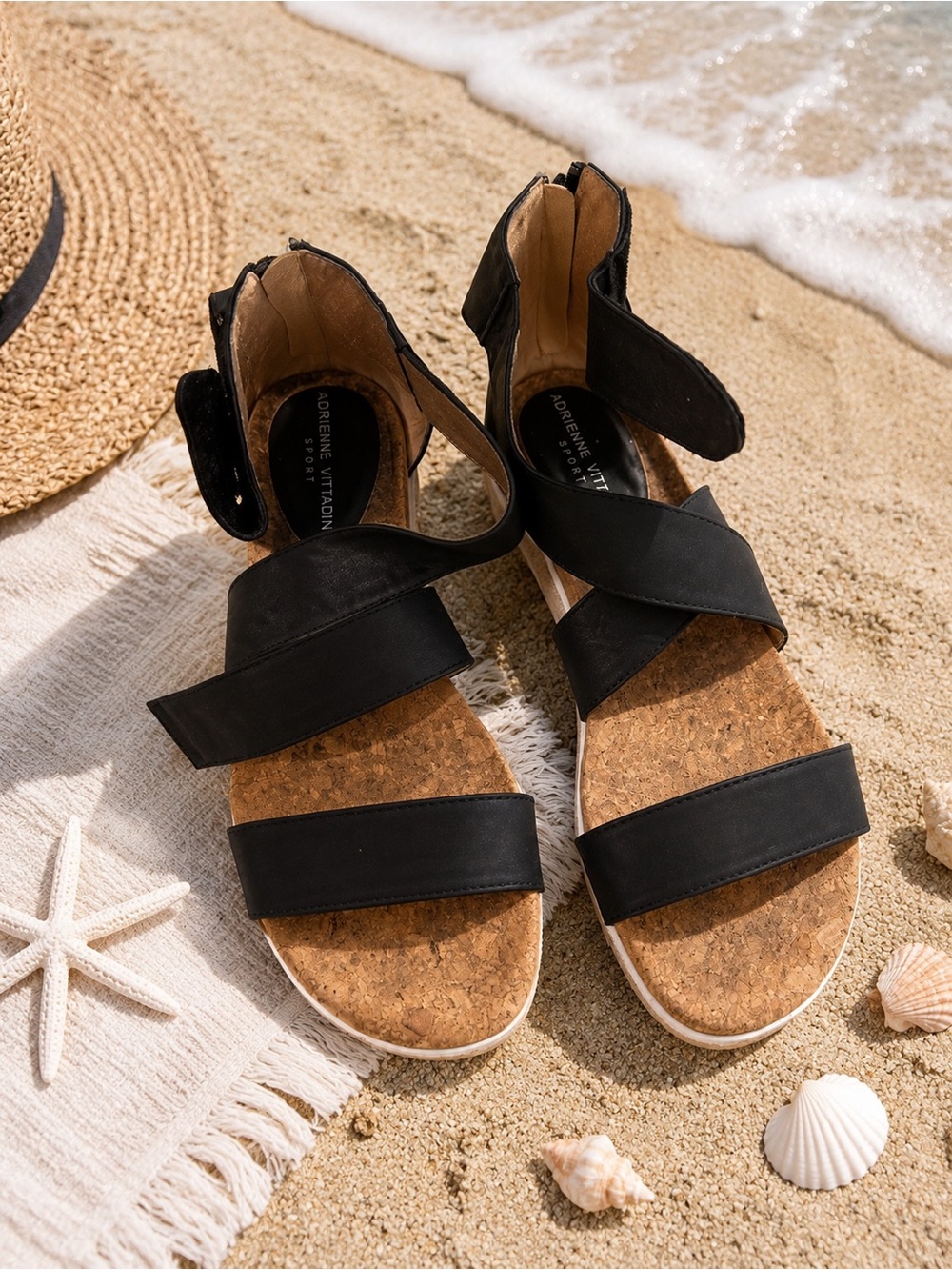 Adrienne Vittadini Black Strappy Cork Footbed Sandals